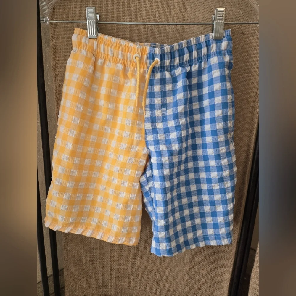 Boy's Wonder Nation Yellow Blue Gingham Seersucker Swim Trunks Size 8 - Picture 1 of 11